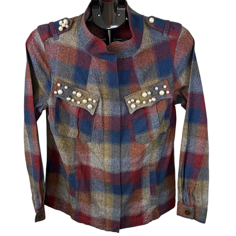 Cabi‎ Plaid Pearl Embellished Shirt Jacket Womens Medium Multi Color Cotton 3555